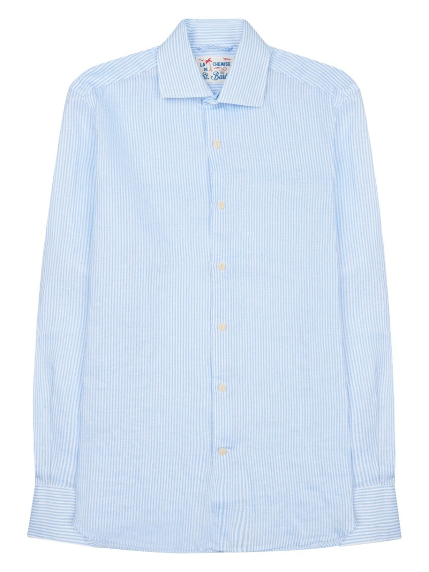 Mc2 Saint Barth Baby Blue Vertical Striped Lightweight Linen Shirt
