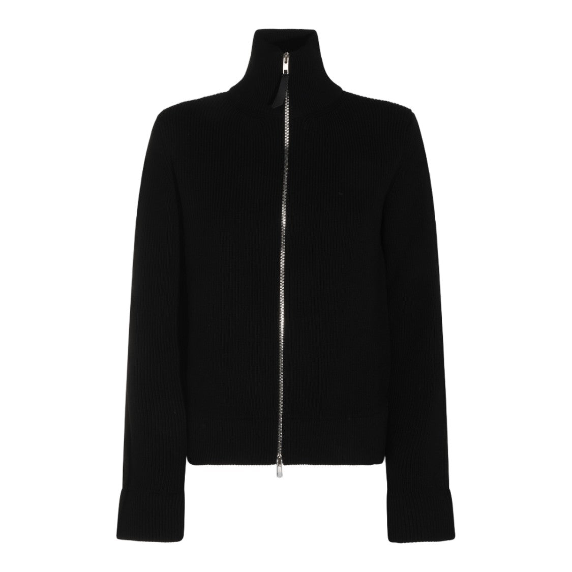 Maison Margiela Black Knitted Sweater With High Ribbed Collar And Silver Zipper Closure