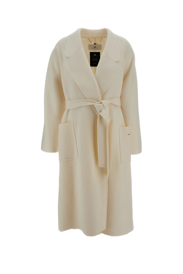 Elisabetta Franchi White Double-Cloth Wool Belted Robe Coat
