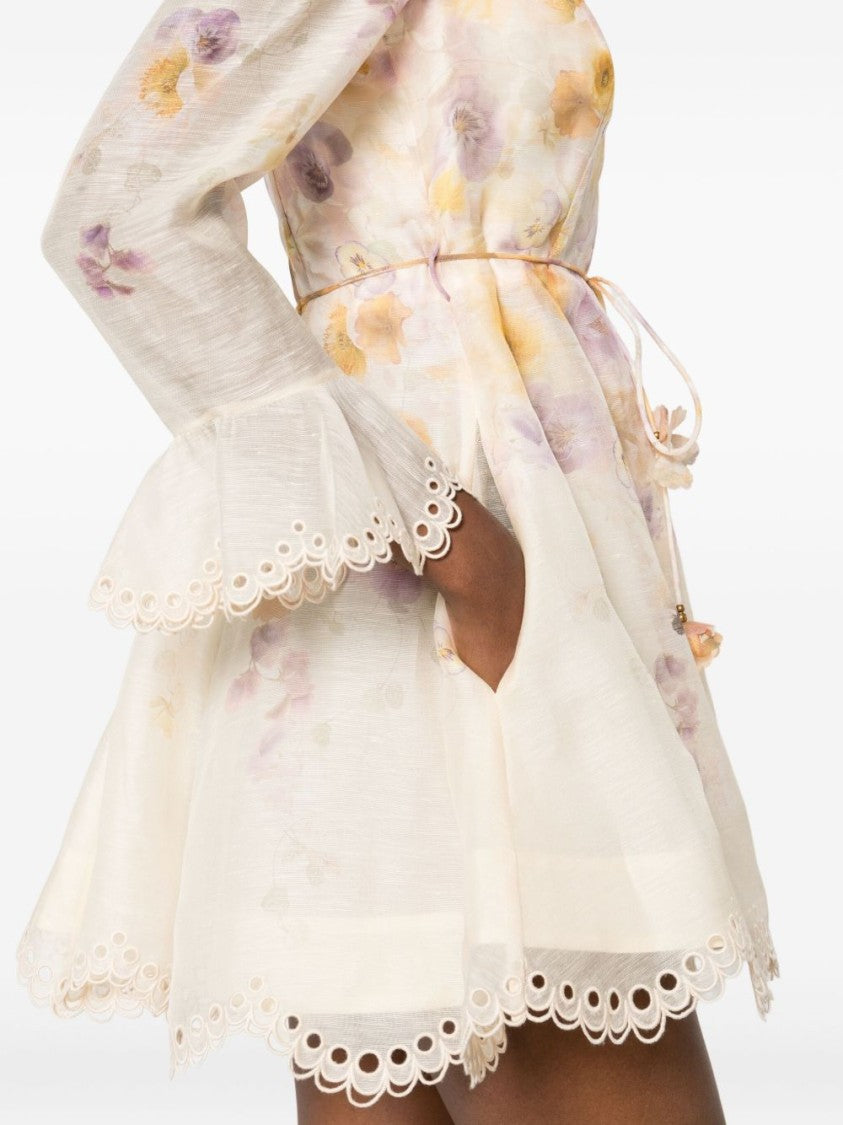 Zimmermann Floral-Embellished Minidress With Puffed Sleeves