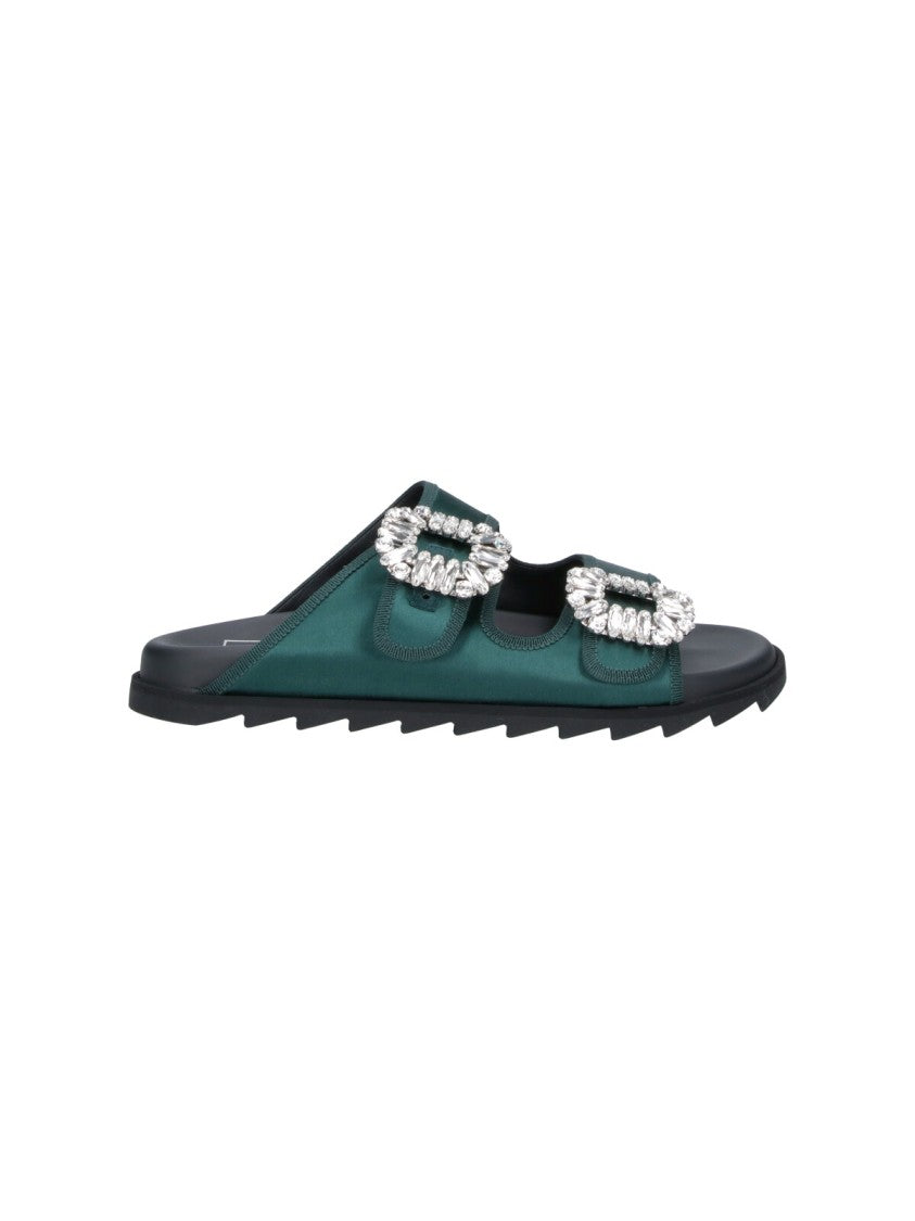 Roger Vivier Green Slidy Viv Satin Strap Mules