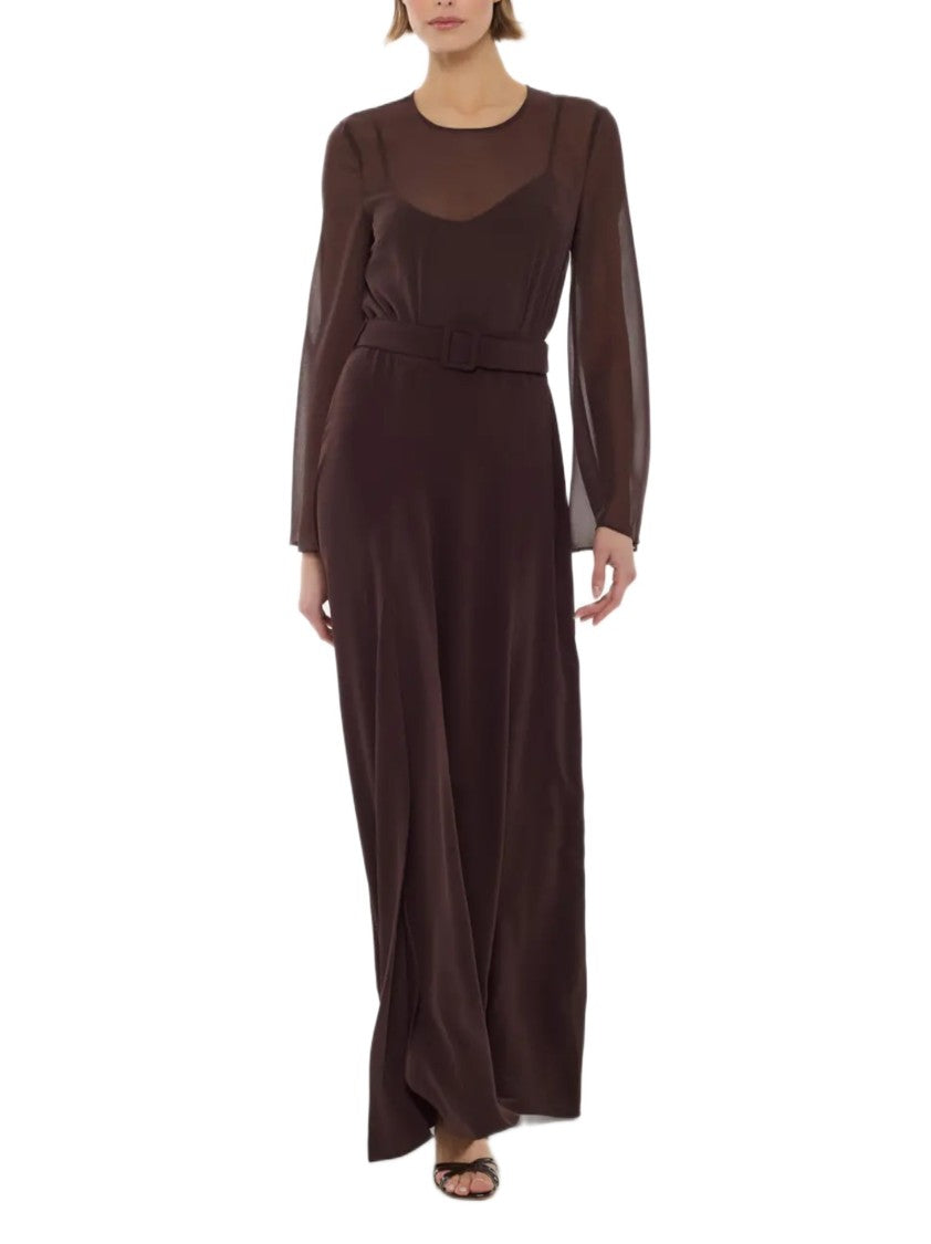 Parosh Flowing Maxi Dress With Sheer Sleeves And Belt Detail