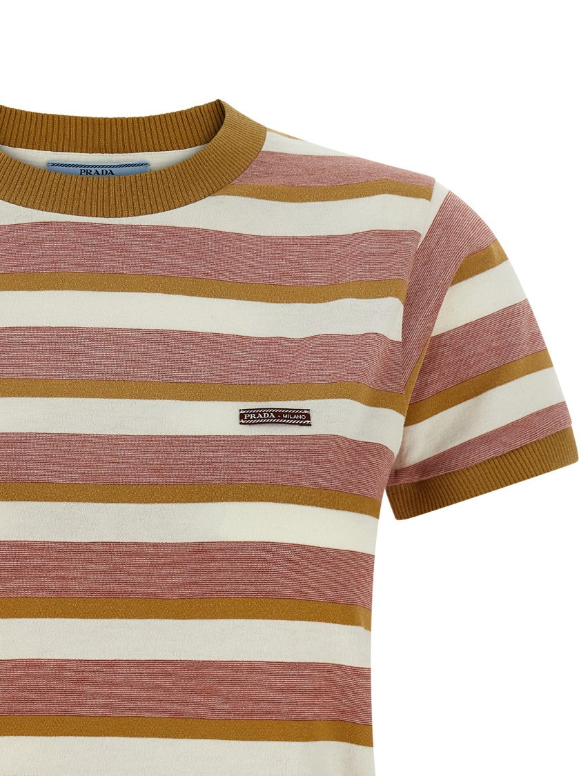 Prada Striped Cotton T-Shirt With Ribbed Knit Details