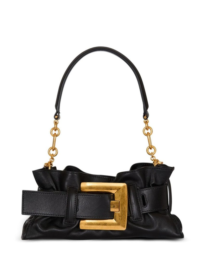Balmain Gathered Black Handbag With Gold Buckle