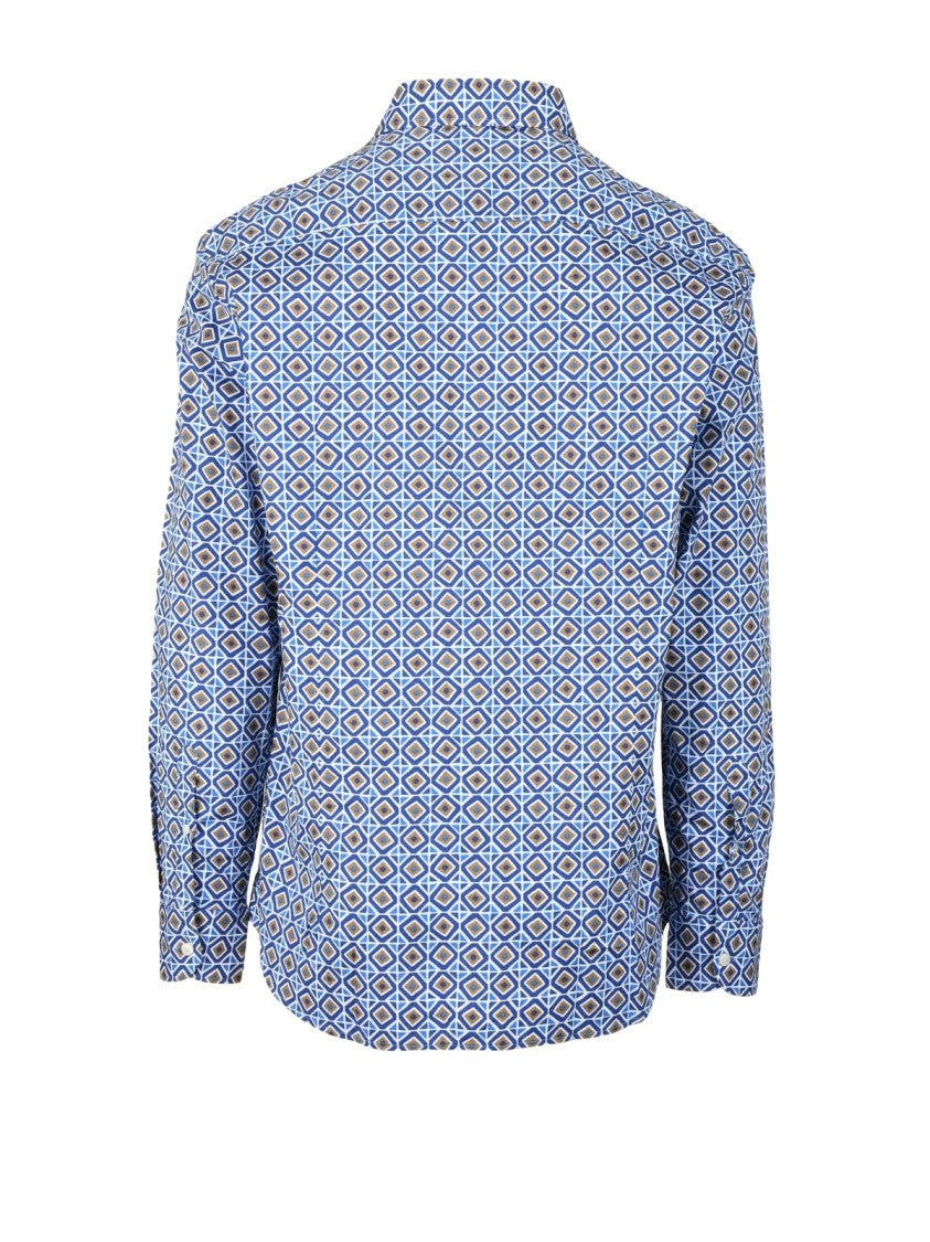 Mariano Napoli Blue Brown Patterned Cotton-Blend Shirt