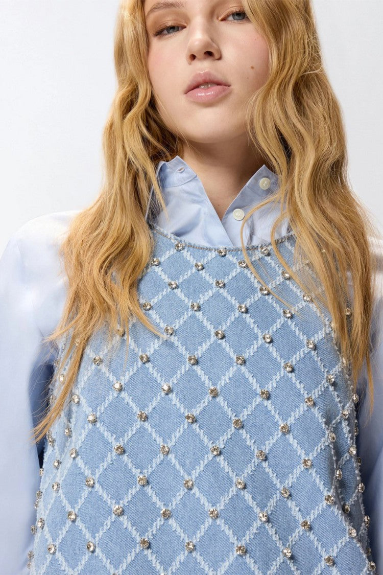 Pinko Light Blue Allover Bead Stud Diamond Lattice Cotton Mini Dress