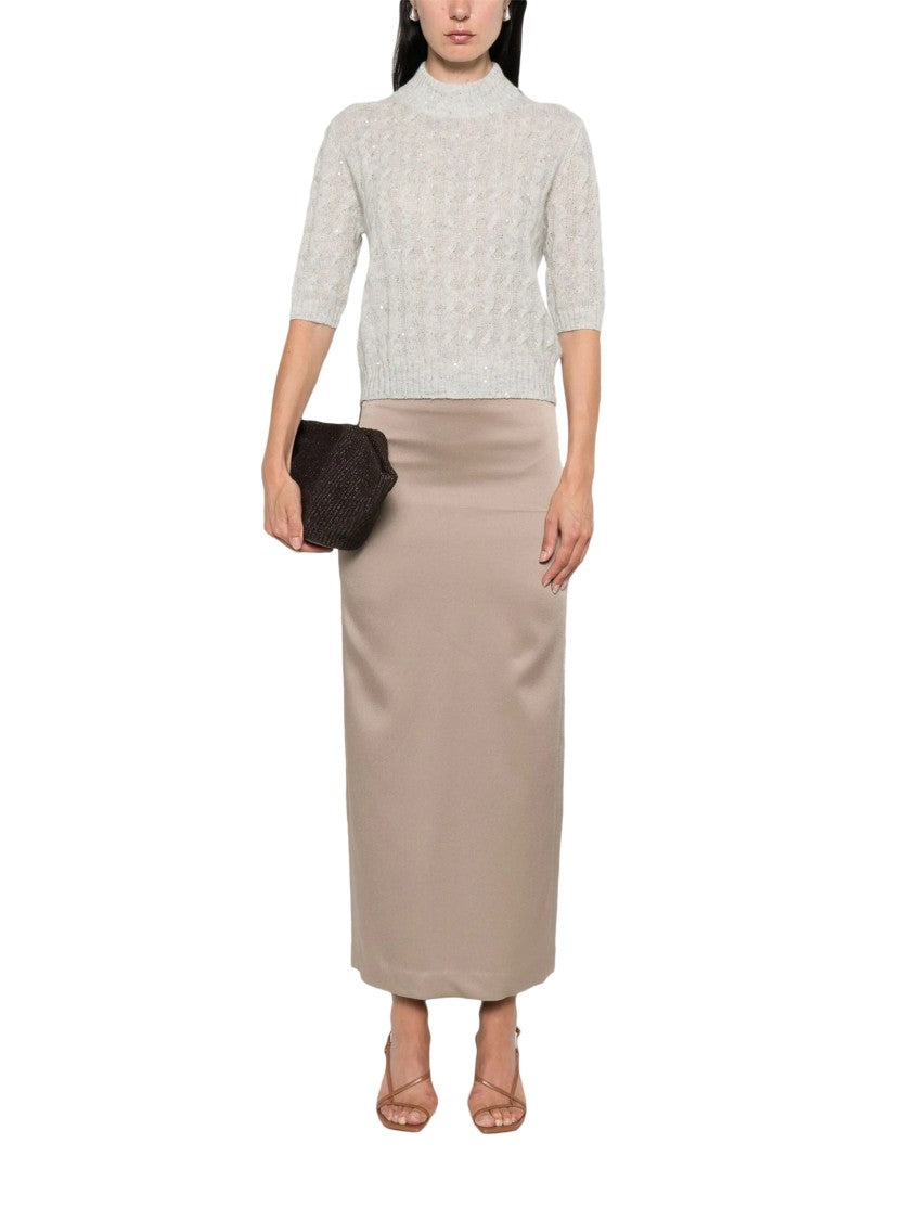 Brunello Cucinelli Light Grey Cable-Knit Sweater With High Neckline And Three-Quarter Sleeves