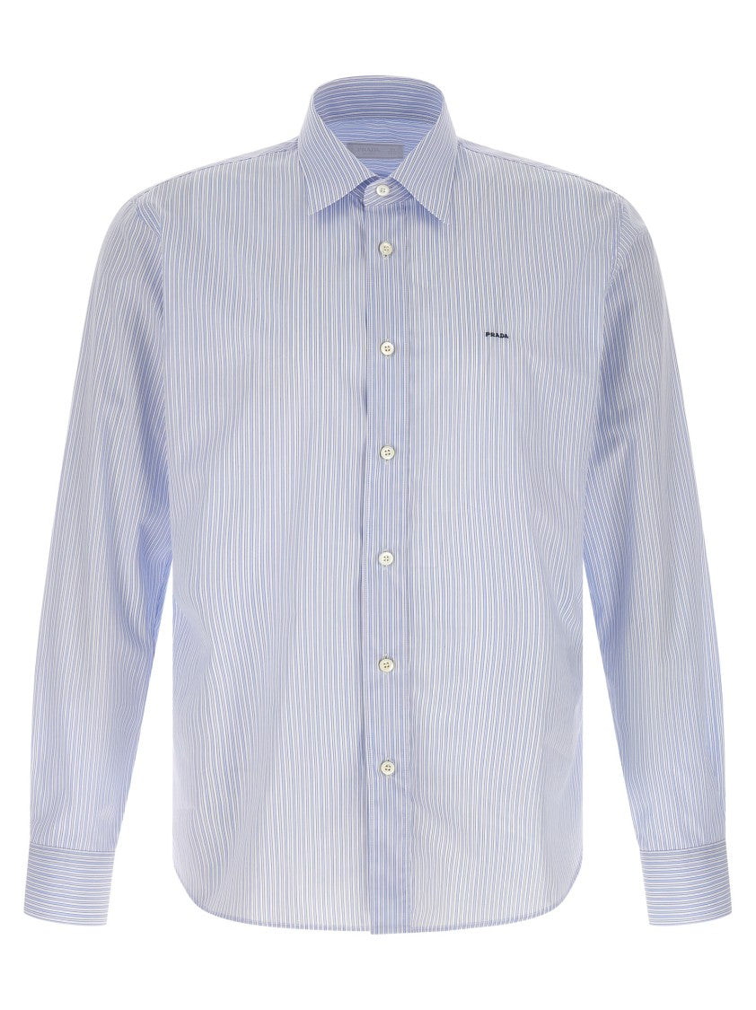 Prada Blue Striped Cotton Poplin Shirt With Logo Embroidery