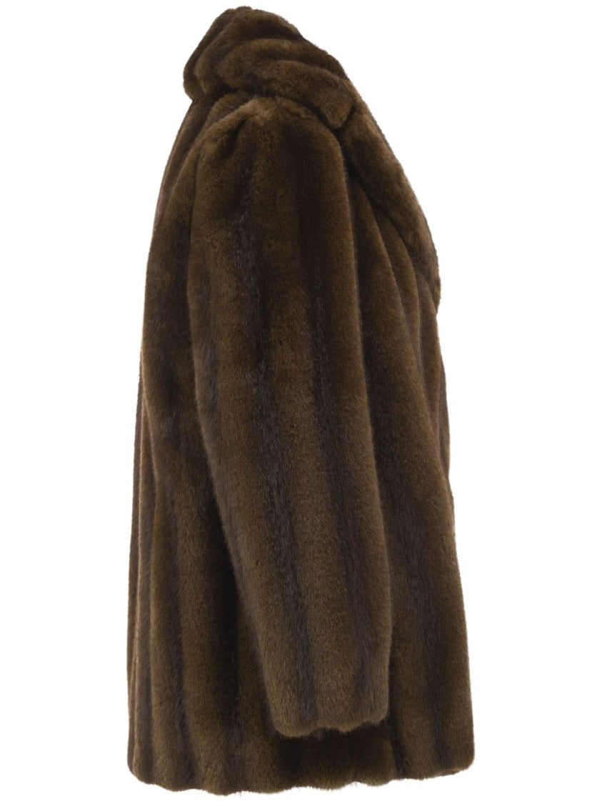 Max Mara Plush Faux Fur Jacket With Wide Lapel In Deep Brown