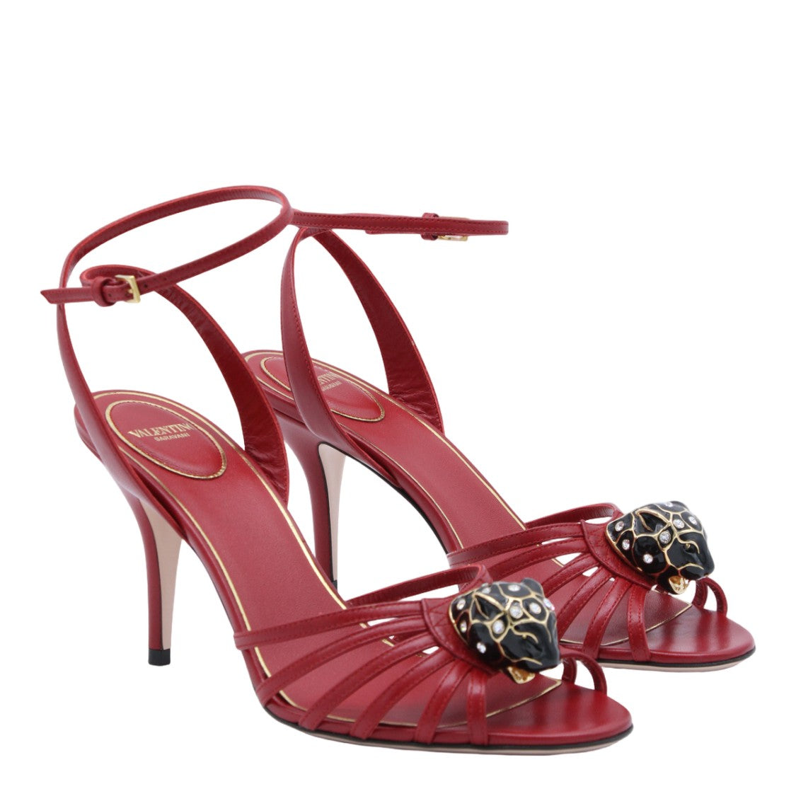 Valentino Garavani High-Heeled Red Sandals With Panther Embellishment