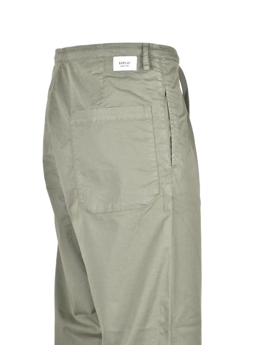 Replay Pleated Military Green Chino Trousers With Button Closure