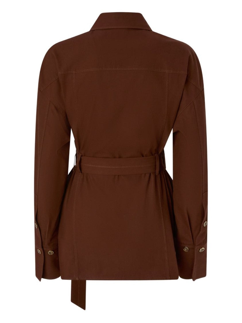 Pinko Brown Cotton Collared Belted Jacket