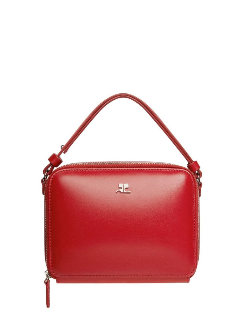 Courrèges Ruby Red Calf Leather Shoulder Bag With Silver-Tone Accents