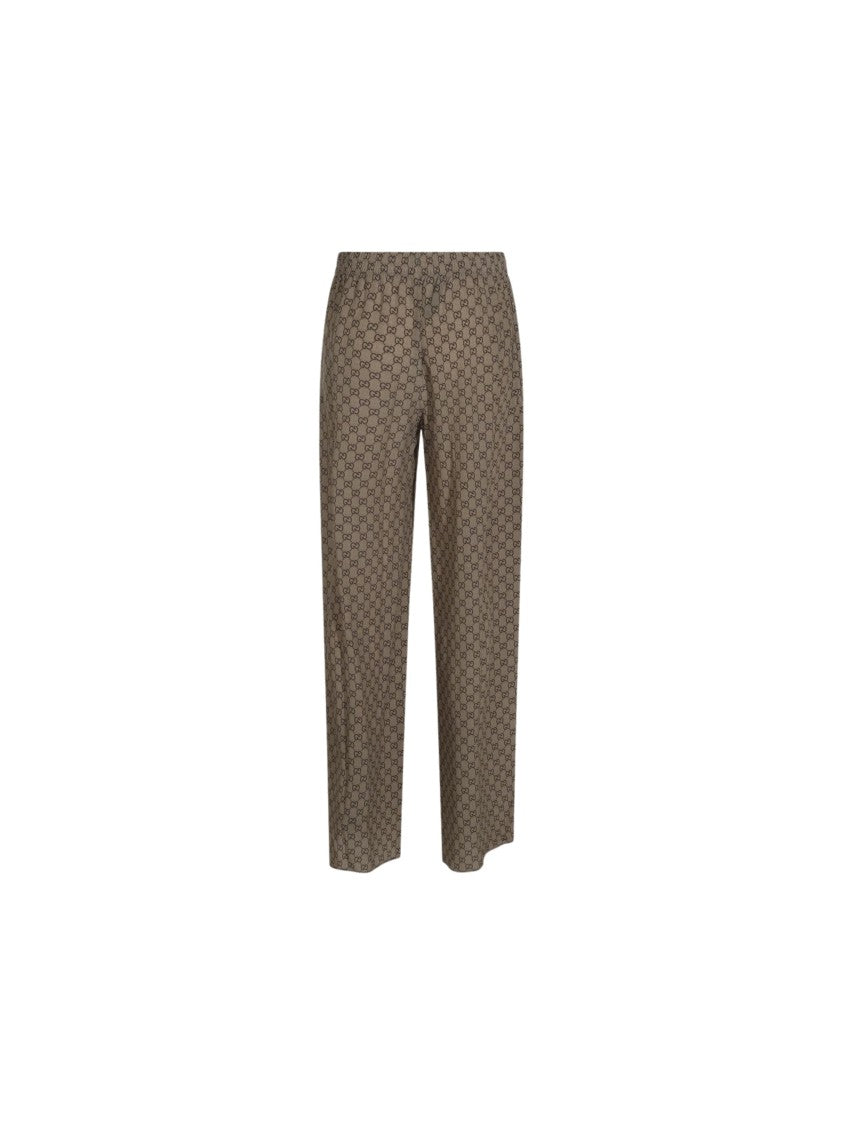 Gucci Beige Original Gg Print Silk Wide-Leg Pants