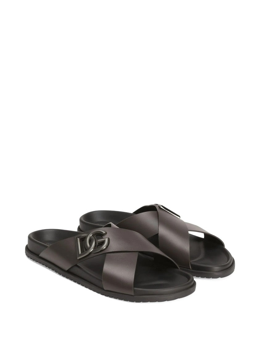Dolce & Gabbana Brown Leather Interlocking Logo Slide Sandals