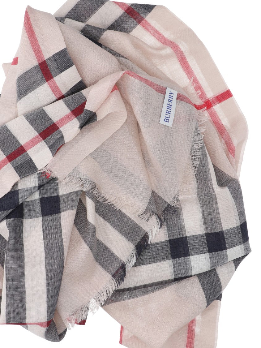 Burberry Grey Check Silk-Wool Fringed Scarf