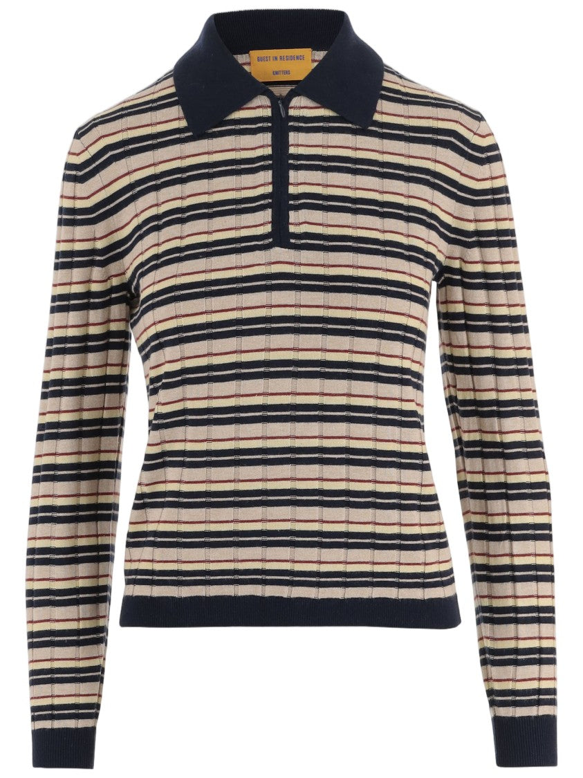 Guest In Residence Multicolor Striped Silk-Linen Zip Polo Sweater