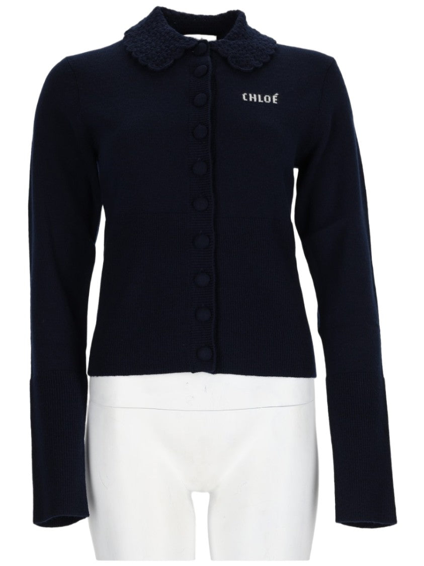 Chloé Fitted Black Wool Cardigan With Textured Collar And Logo