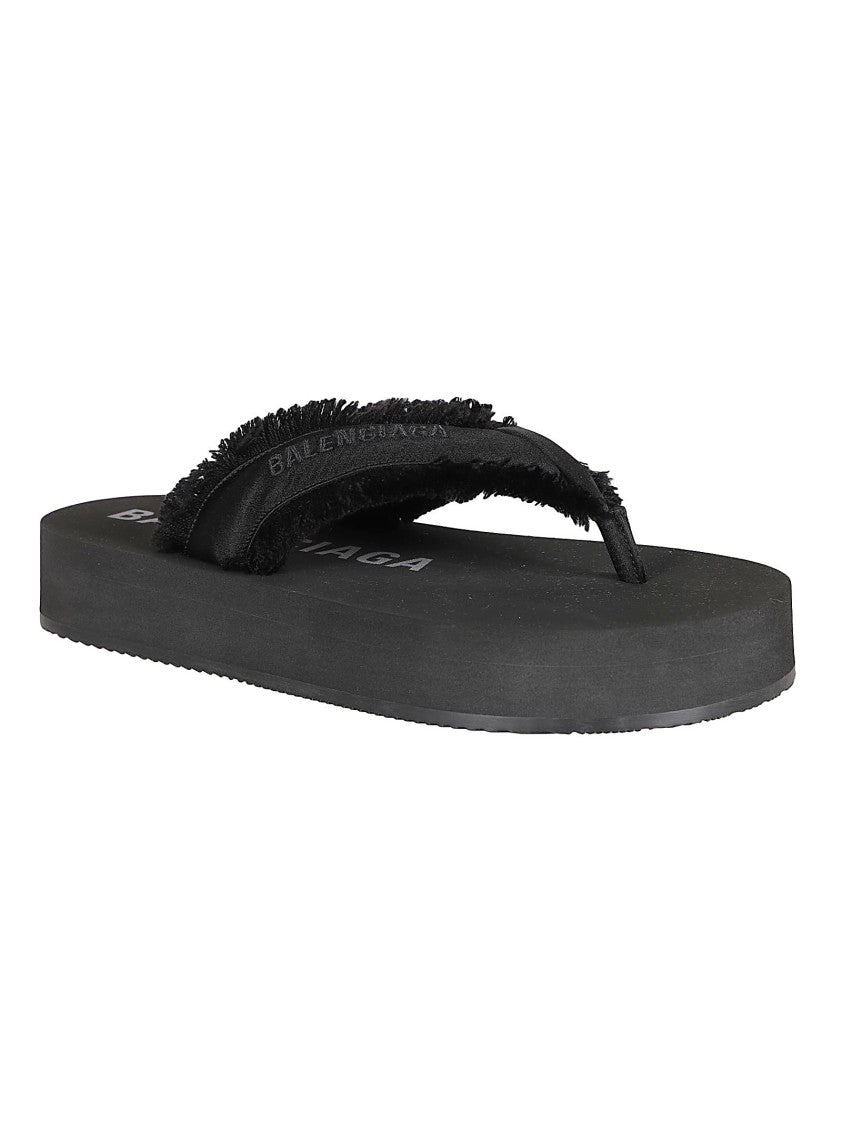 Balenciaga Fringed Fabric Black Sandals With Cushioned Footbed