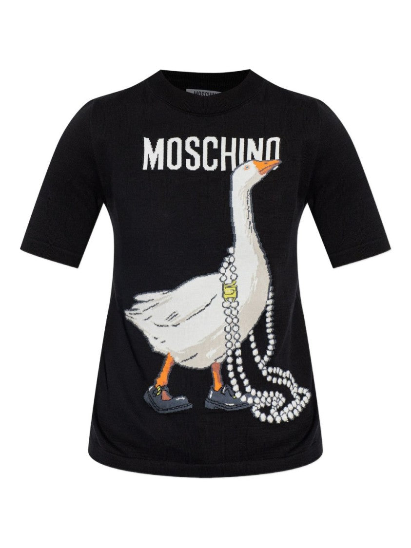 Moschino Black Goose Print Ribbed Knit Top