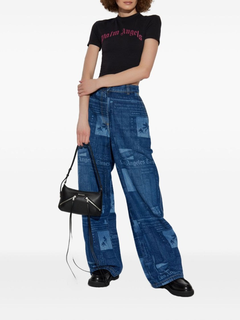 Palm Angels Cropped T-Shirt With Gothic Fuchsia Print