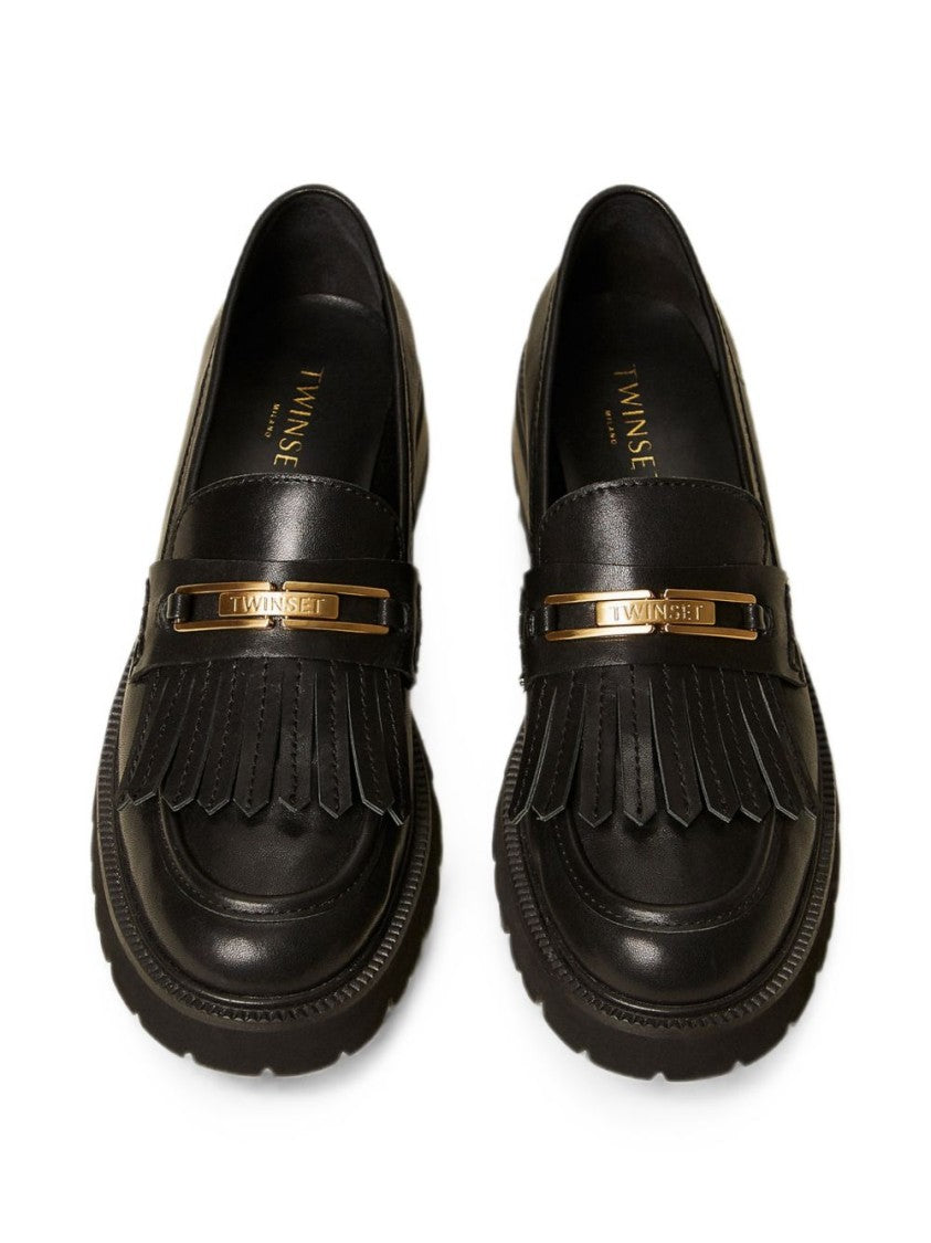 Twin-Set Fringed Black Leather Flats With Gold Accents
