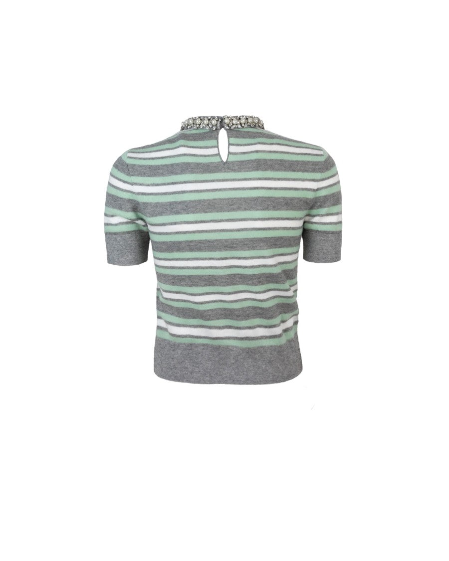 Self-Portrait Grey Striped Sweater With Crystal Trim