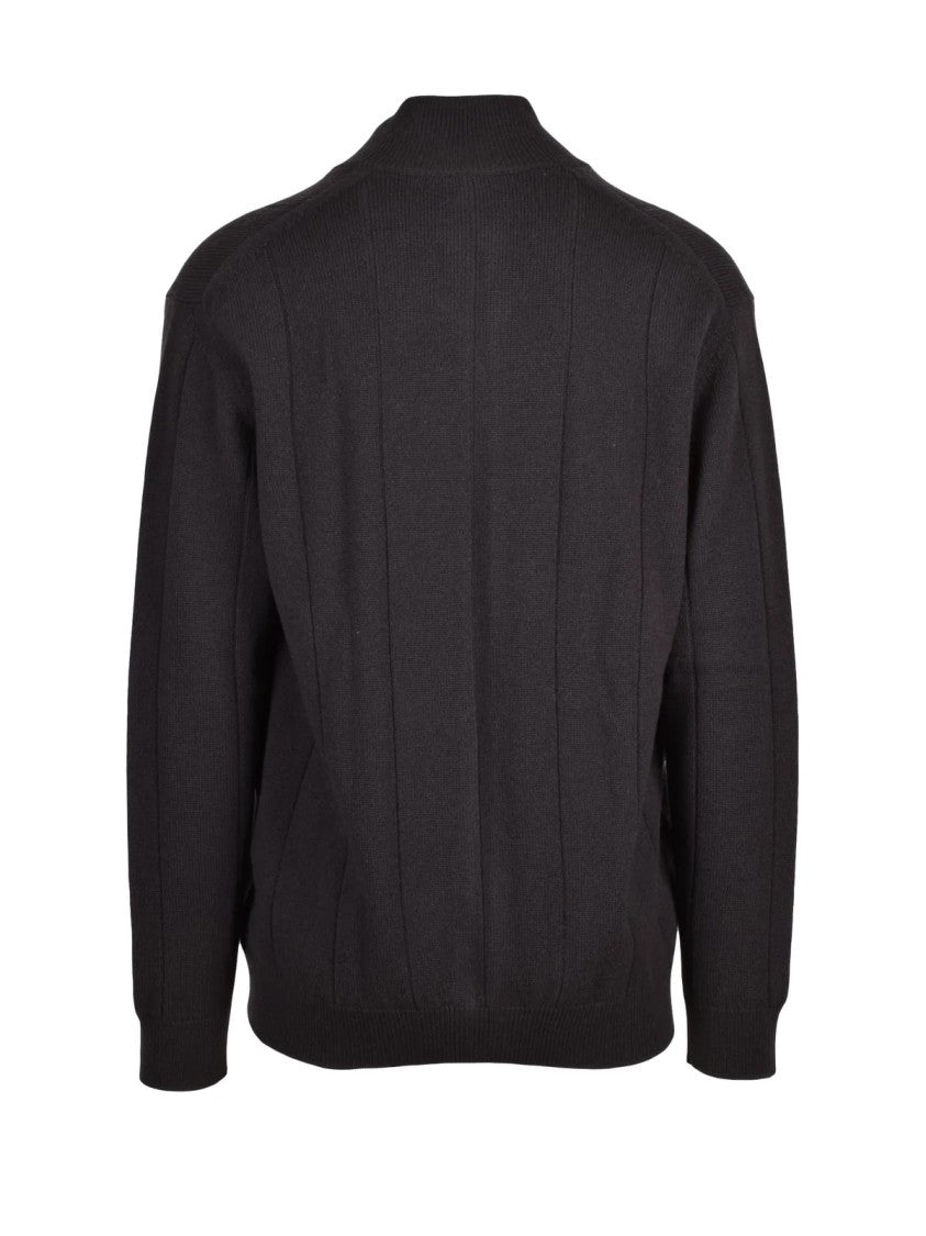 Eleventy Brown Ribbed High Collar Wool Zip Cardigan