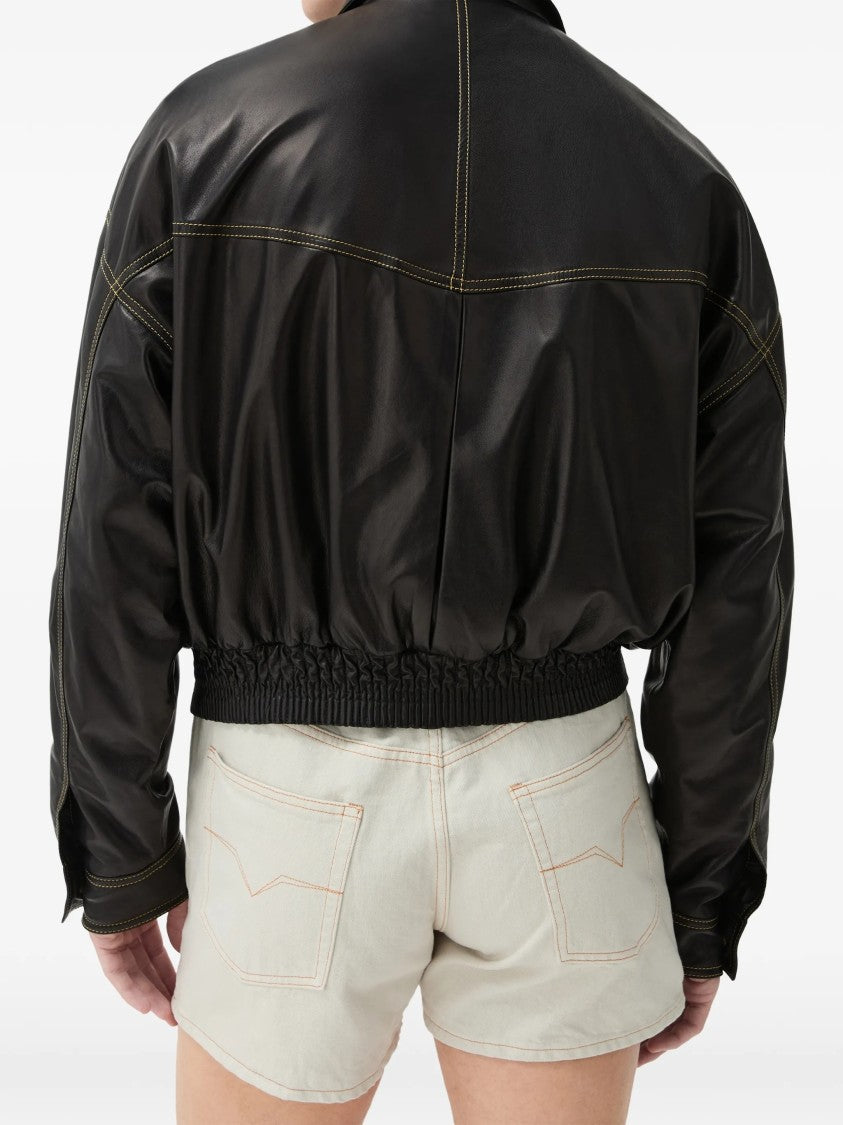 Versace Cropped Lamb Skin Leather Jacket With Flap Pockets
