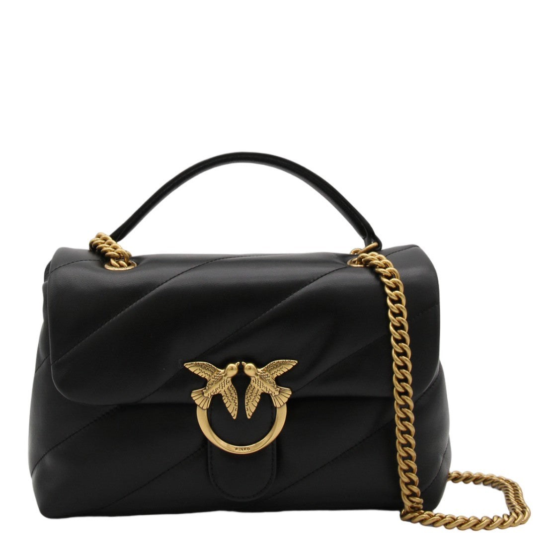 Pinko Black Quilted Leather Gold Bird Clasp Chain Strap Shoulder Bag