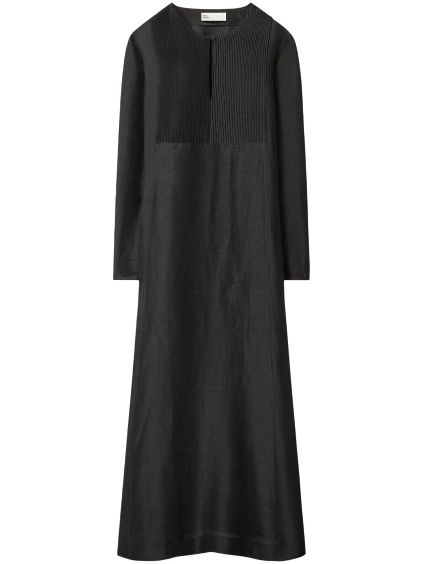 Tory Burch Pleated Black Linen Caftan With Flowing Silhouette