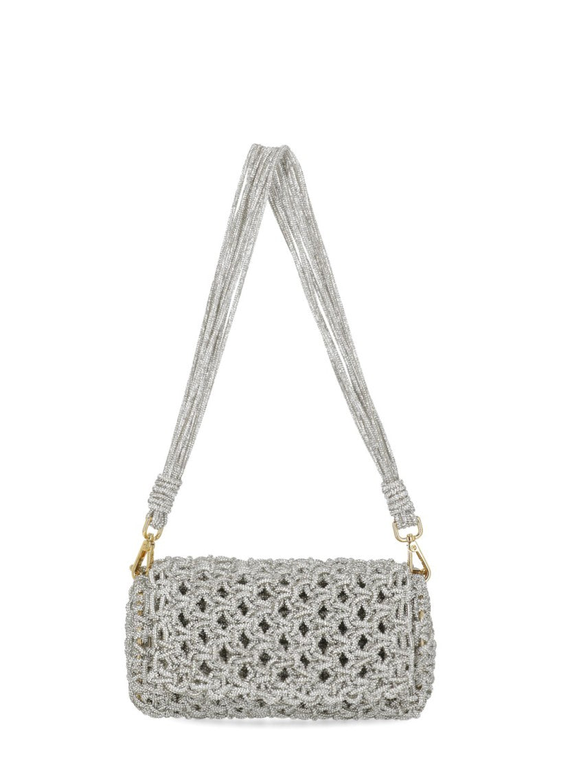 Hibourama Cylindrical Silver Hibourama Jewelry Bag With Woven Crystal Design