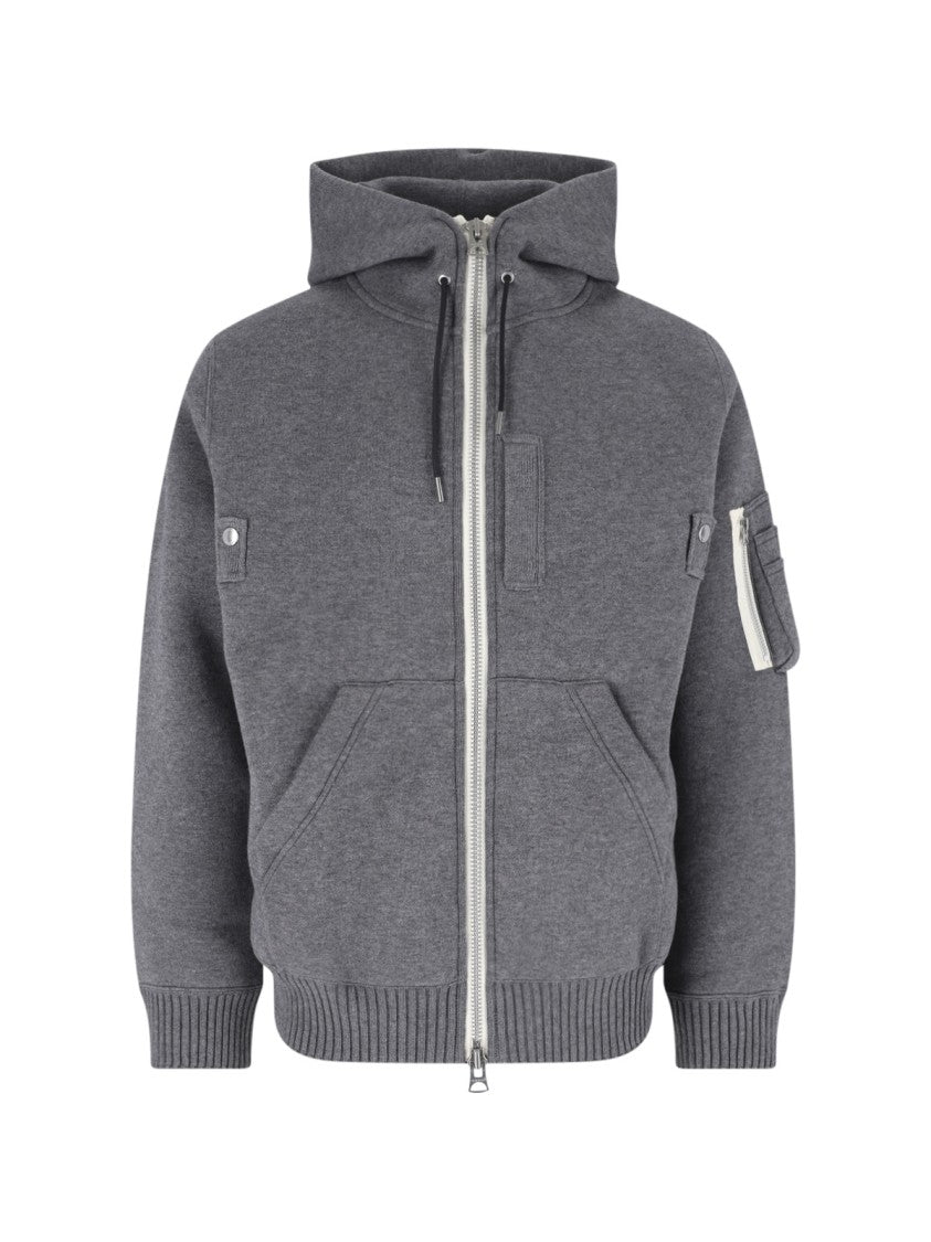 Sacai Grey Zip-Up Cotton-Blend Hoodie
