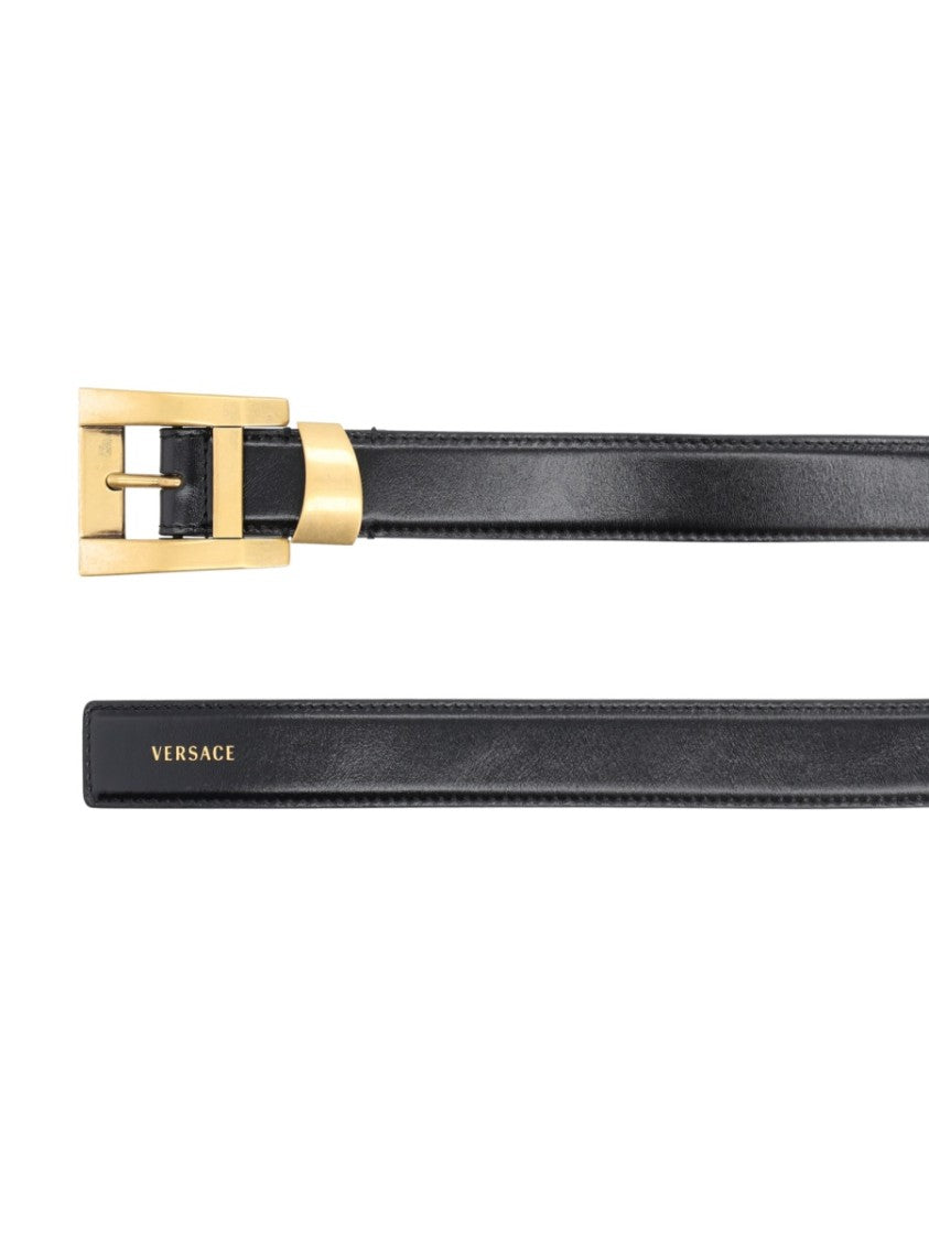 Versace Black Gold Rectangular Buckle Leather Belt