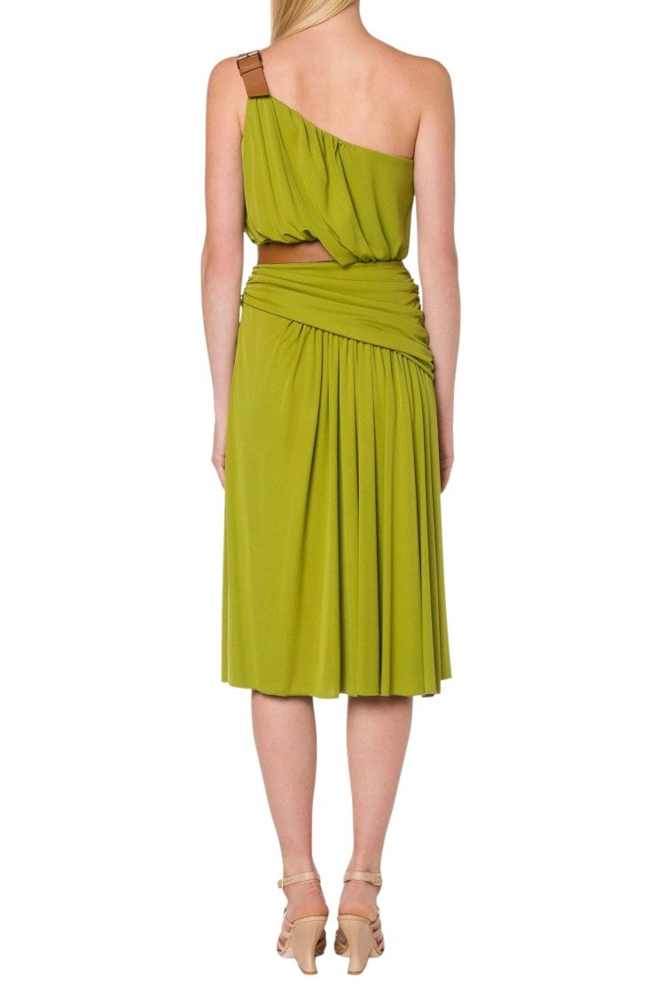 Alberta Ferretti One-Shoulder Green Midi Draped Panel Dress