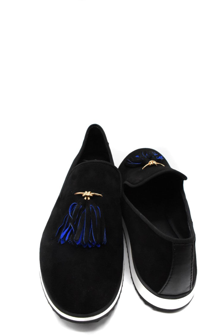 Giuseppe Zanotti Black Suede Tasseled Charm Flatform Loafers