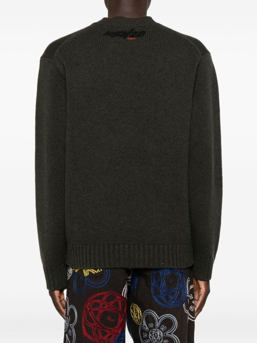 Kenzo Dark Green Wool Jumper With Bright Floral Embellishment