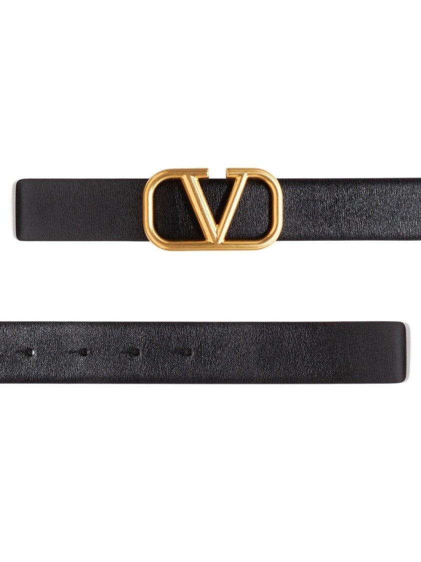 Valentino Garavani Black Leather Belt With Distinctive Gold Hardware Buckle