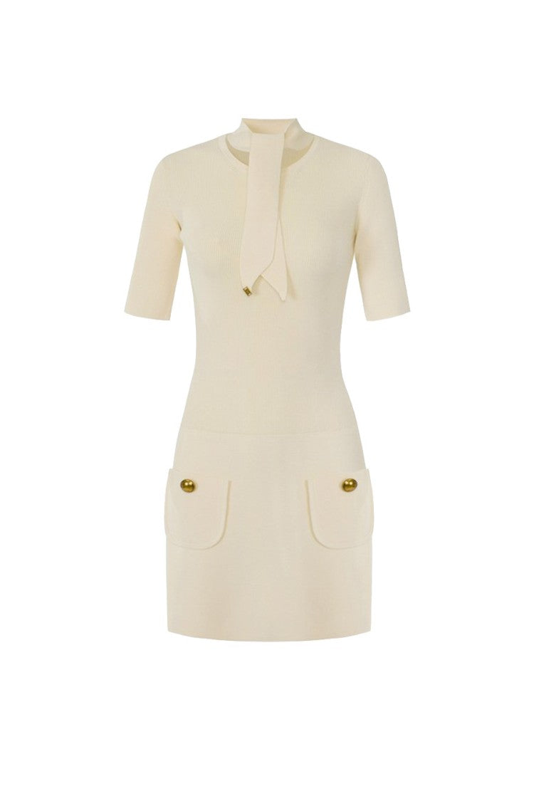 Elisabetta Franchi Ivory Tie-Neck Ball-Button Flap Pockets Viscose-Blend Mini Dress