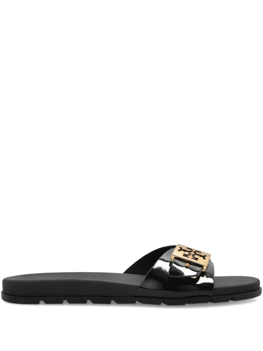 Tory Burch Black Slide Sandals With Gold-Tone Logo Buckle