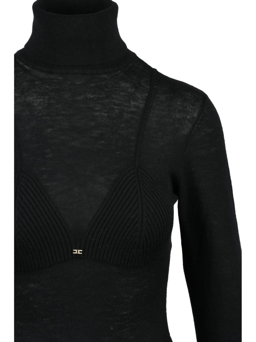 Elisabetta Franchi Black Knit Midi Dress With High Turtleneck And Ribbed Detailing