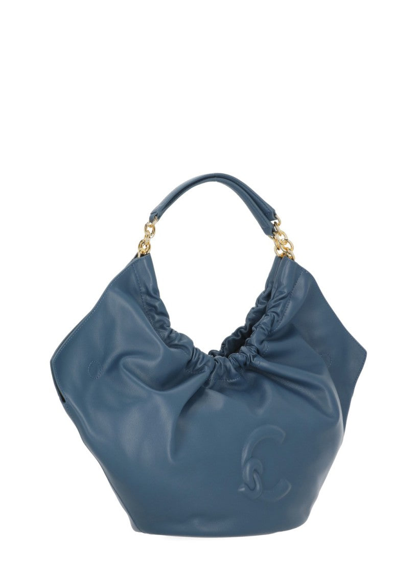 Coccinelle Medium Shoulder Bag In Smooth Blue Leather With Gathered Design