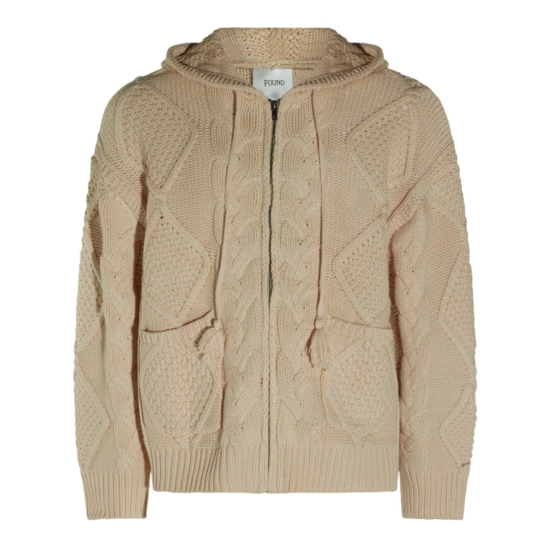 Found Textured Cable Knit Sweater With Hood And Zip Closure