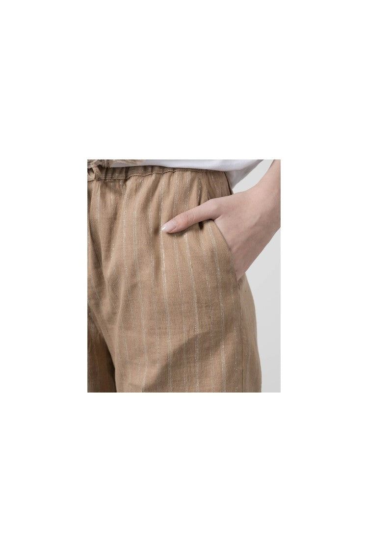 Twin-Set Beige Pinstripe Cotton-Linen Drawstring Pants