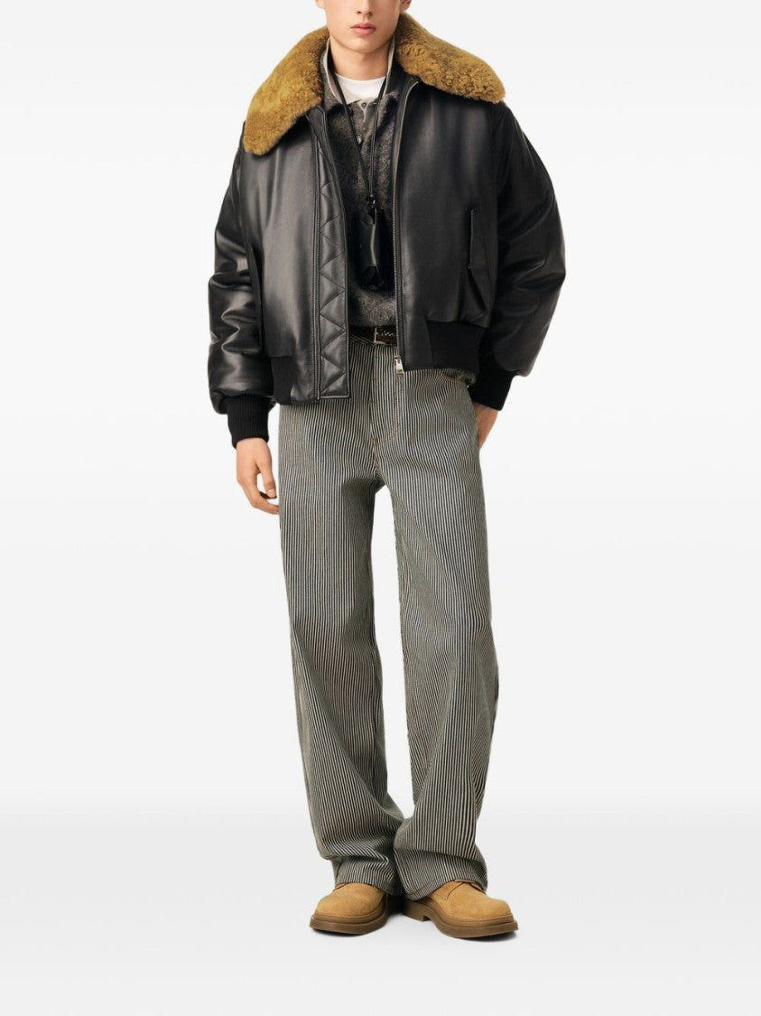 Ami Paris Voluminous Black Leather Jacket With Plush Shearling Collar
