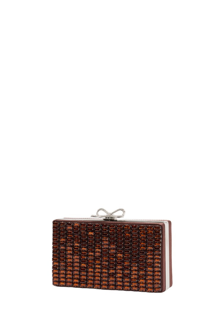 Self-Portrait Rectangular Woven Texture Clutch With Crystal Bow Clasp