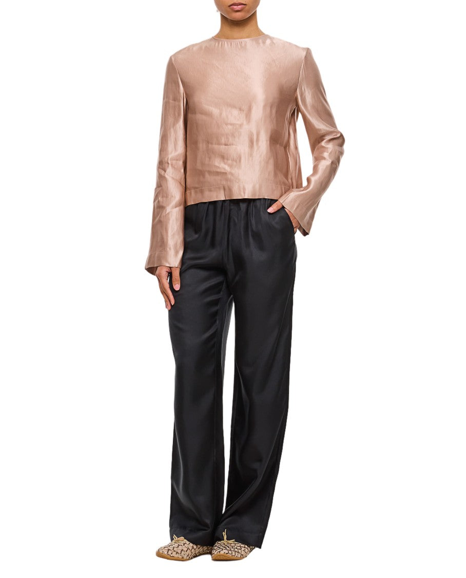 Loulou De Saison Silk And Linen Round Neck Blouse With Invisible Zipper