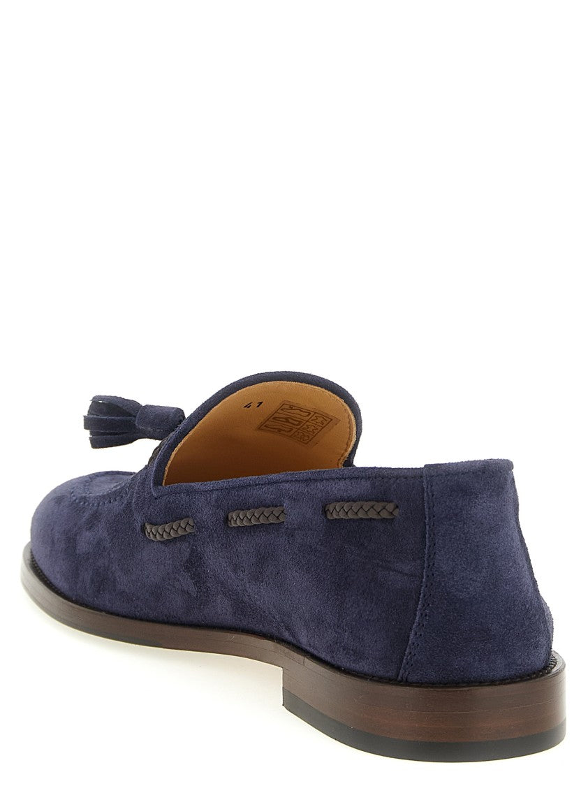 Brunello Cucinelli Suede Blue Moccasins With Woven Leather And Suede Tassels