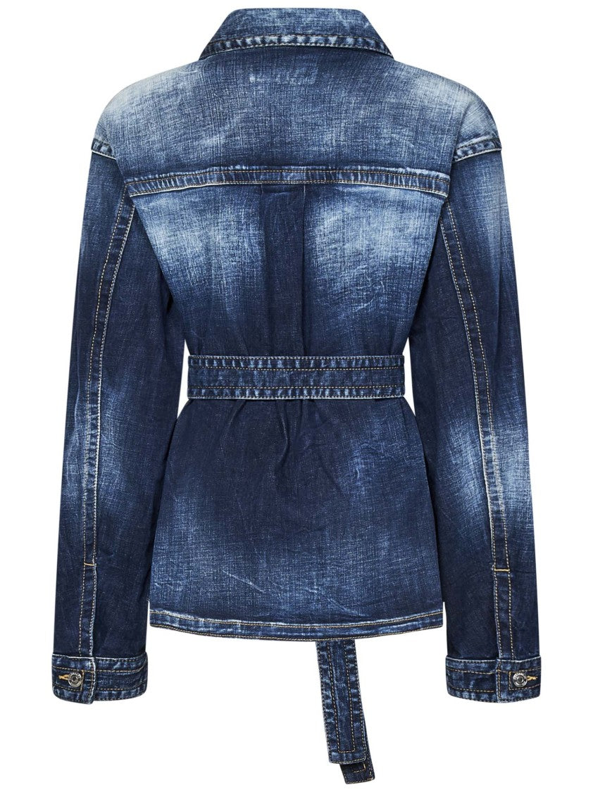 Dsquared2 Oversized Blue Stretch Cotton Denim Shirt With Distressed Finish