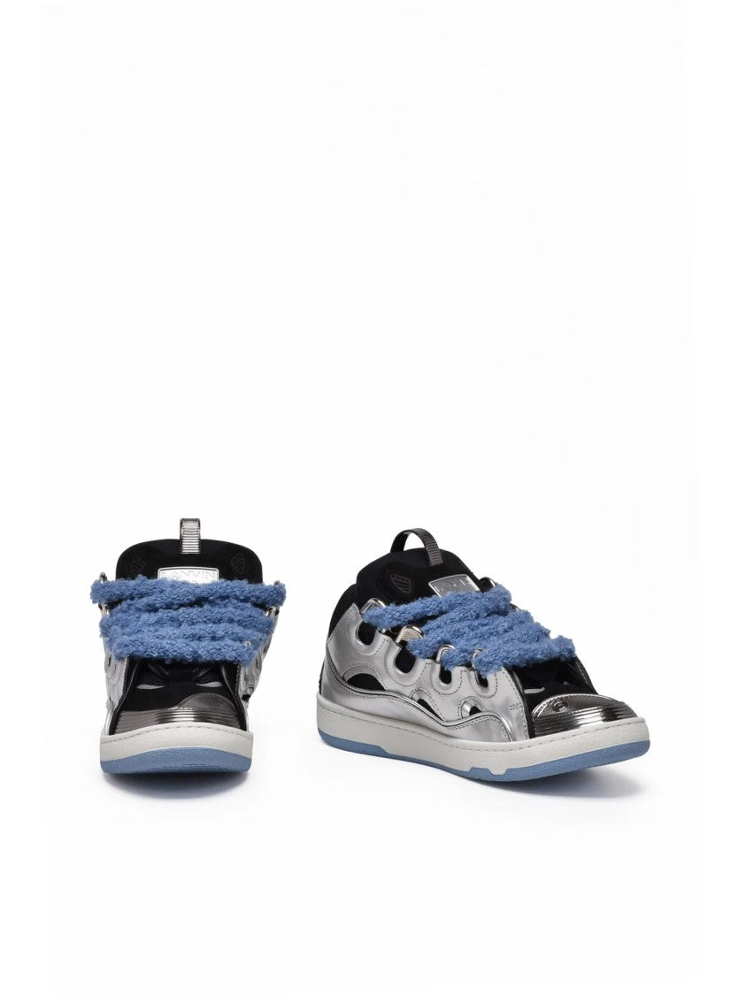 Lanvin Silver/Light Blue Curb Metal Leather-Blend Sneakers